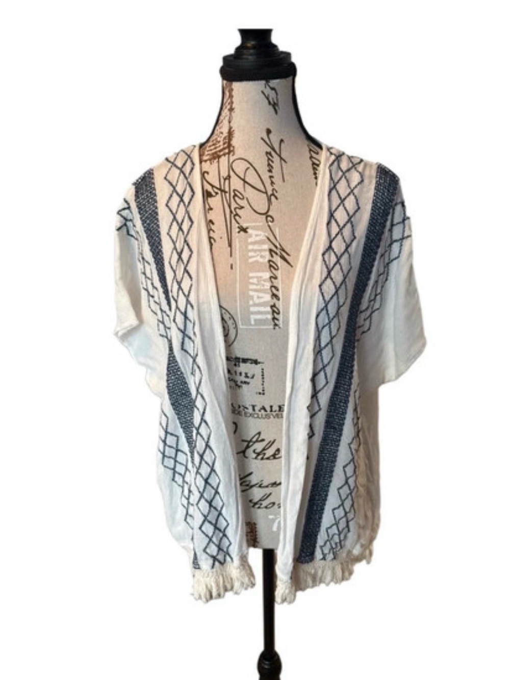 Skies are Blue cream Open-Front Fringe Knit Cardigan with black embroidery, S